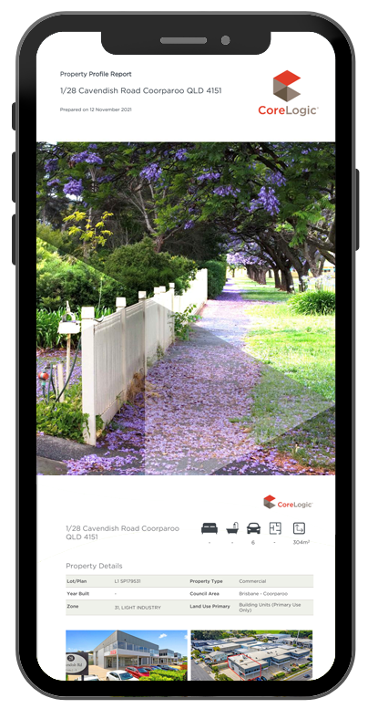 animated i[hone screen shows a same front page of a CoreLogic property report for 1/28 Cavendish Road Coorparoo