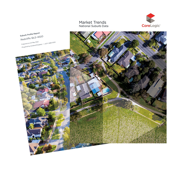 Sample cover page for a market trends report sitting in front of a cover page for a suburb profile report